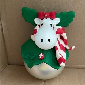 Festive Moose Holiday Ornament with Red and Green Accents claylike ornament